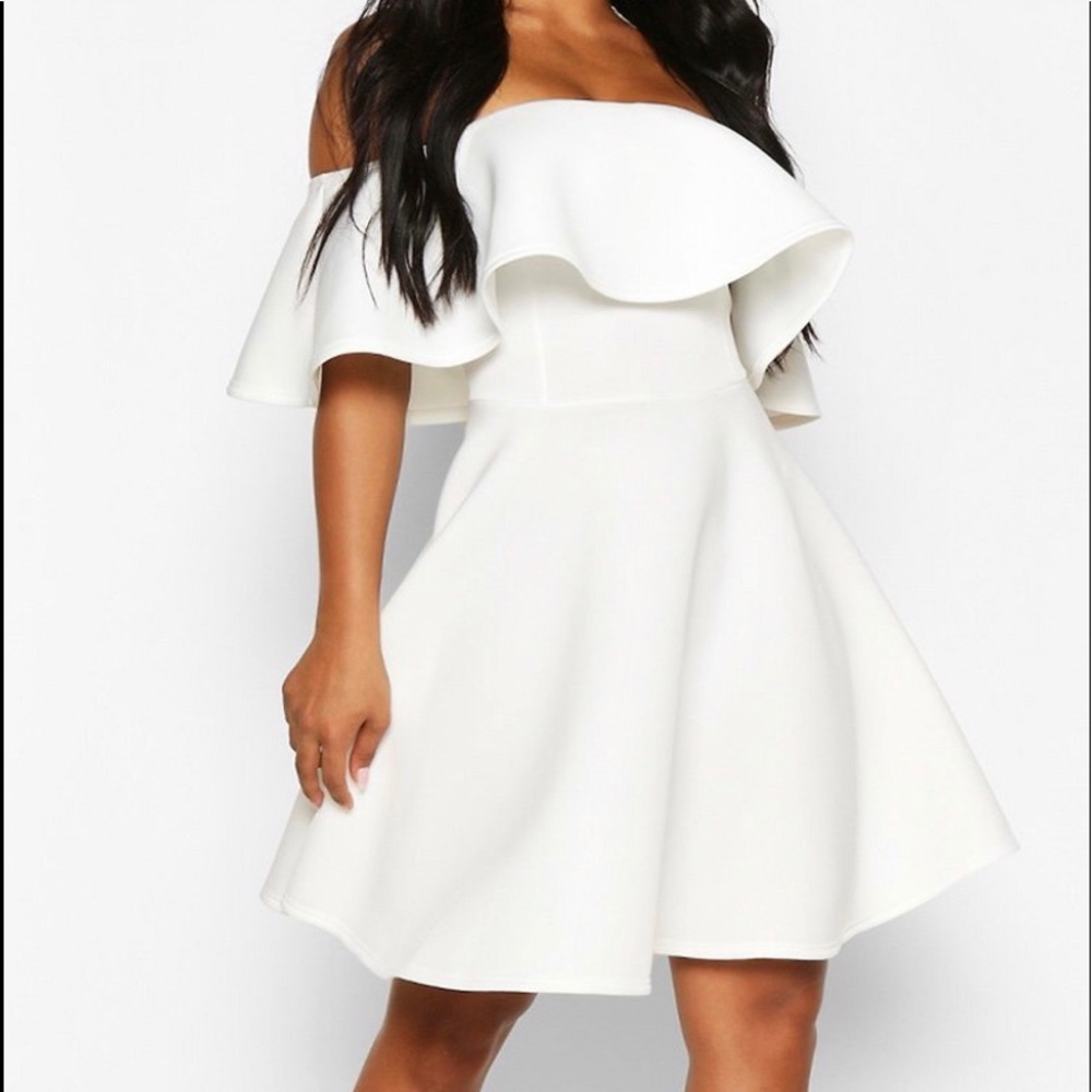 Bonded Scuba Off The Shoulder Frill Skater Dress